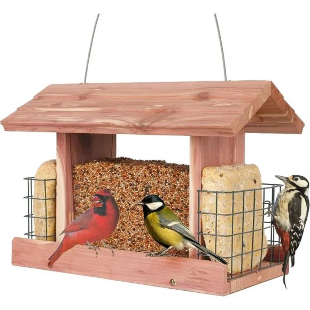 US Cedar Hopper Bird Feeder for Outdoors Hanging, Handcrafted Wood